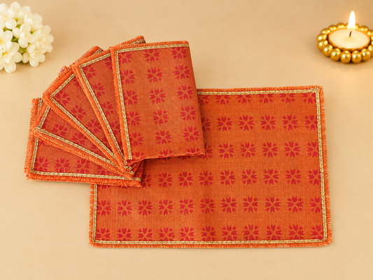 Orange Phulkari Jute Table Mats (Set of 6)