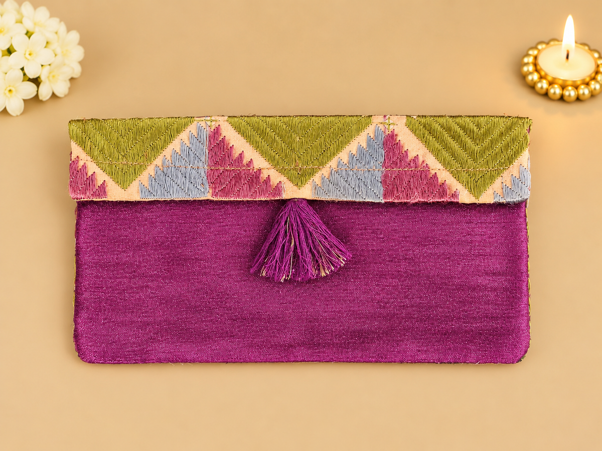 Purple Phulkari Silk Money Envelope