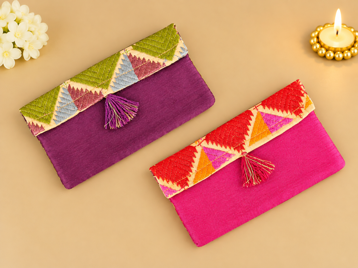 Pink Phulkari Silk Money Envelope