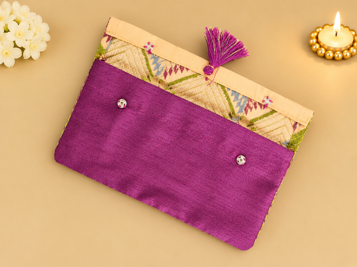 Purple Phulkari Silk Money Envelope