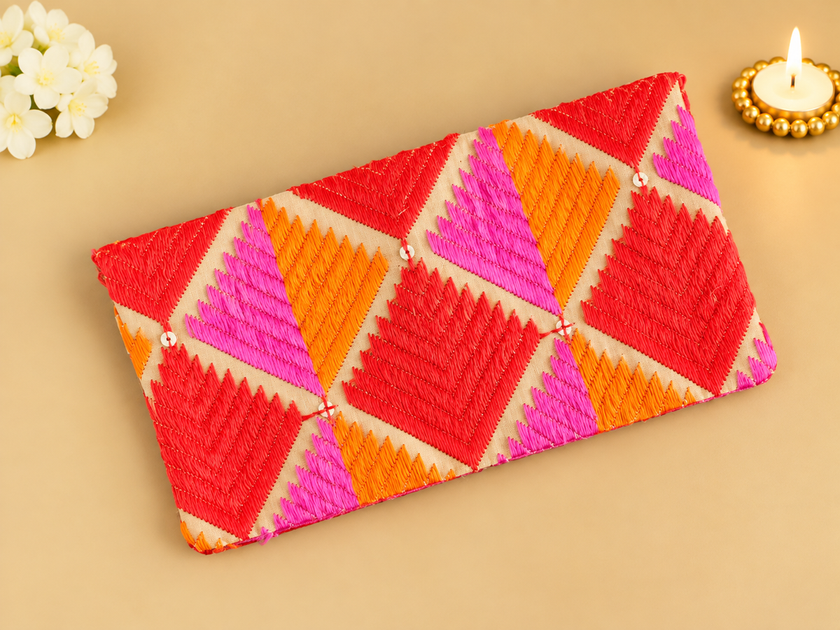 Pink Phulkari Silk Money Envelope