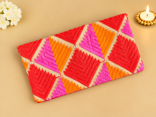 Pink Phulkari Silk Money Envelope