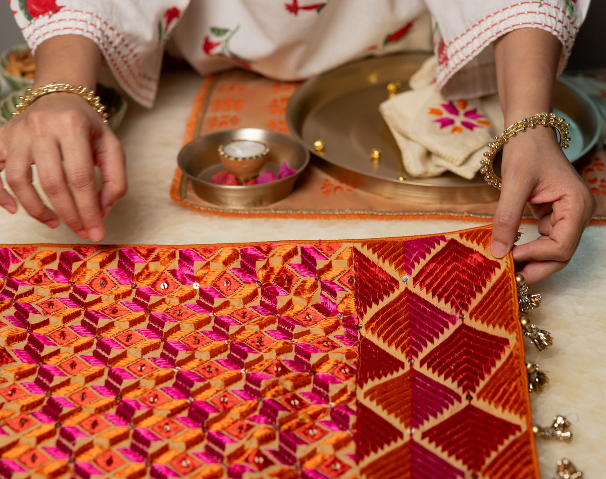 Orange-Pink Phulkari Table Runner