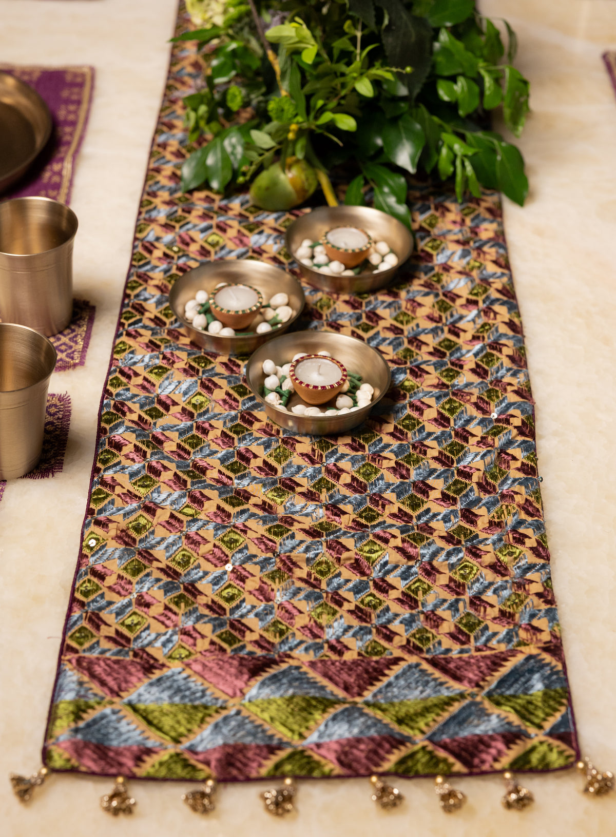 Purple-Green Phulkari Table Runner