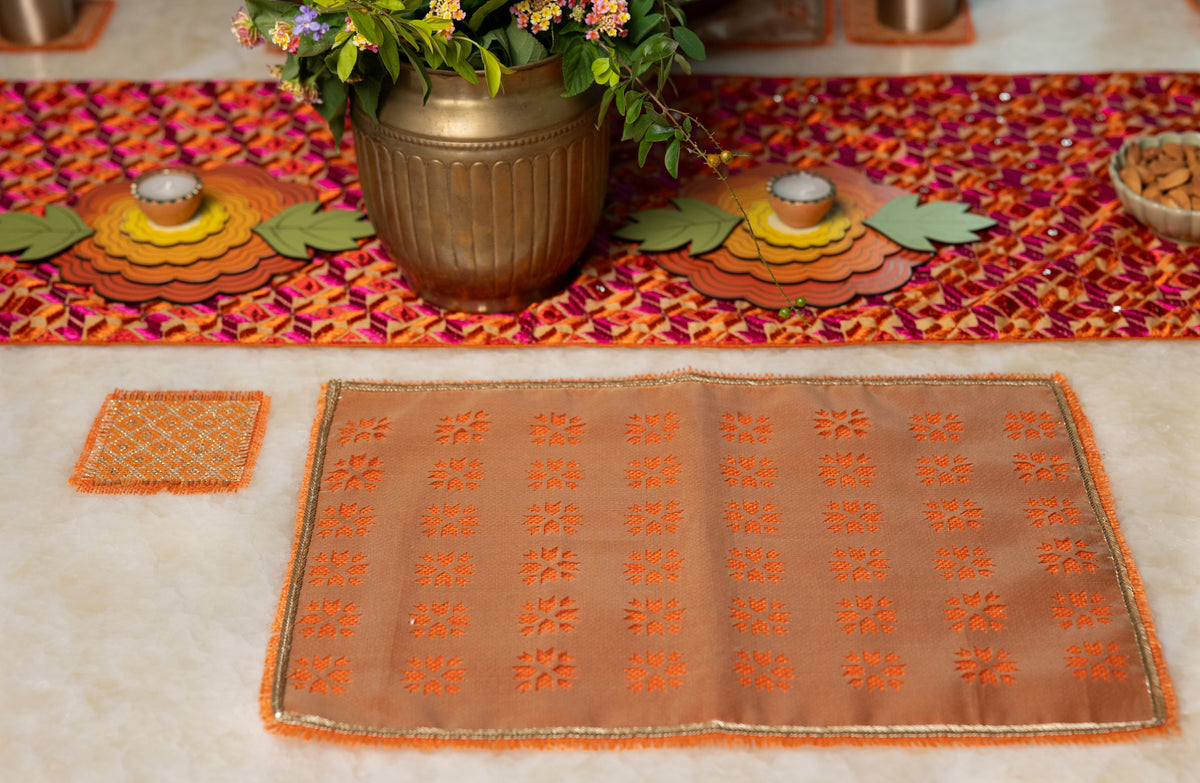 Orange Phulkari Tissue Table Mats (Set of 6)