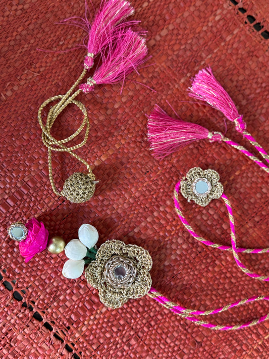 Pink Crochet Garden Rakhi Set