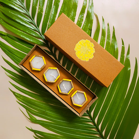 Yellow Hexagon Diyas (Set of 4)